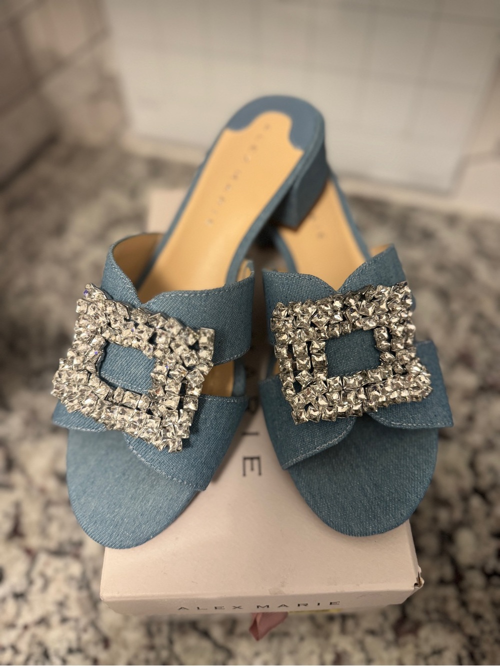 Alex Marie Light Blue Denim Slide Mules with Crystal Buckles
